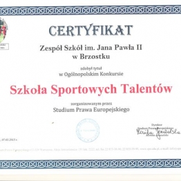 Mamy CERTYFIKAT w konkursie „Szkoła Sportowych Talentów”.